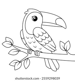 Cute cartoon toucan. Black and white vector illustration for coloring book