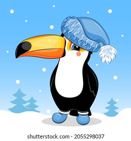 Cute cartoon toucan in a blue hat and boots. Winter bird vector illustration on blue background with snow and trees.