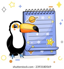 A cute cartoon toucan with a blue notebook with stickers. Vector illustration of animal on a white background with stars, circles.