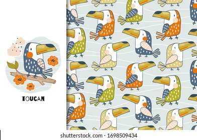 Cute cartoon toucan card and seamless pattern. Hand drawn illustration. Jungle animal character. Fabric surface design.