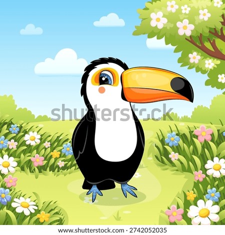 Cute cartoon Toucan with flowers and tree in the meadow. Spring Vector illustration of animal and nature.