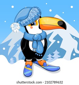 Cute cartoon toucan with hat, scarf and skis. Winter vector illustration with snow and mountains on a blue background.