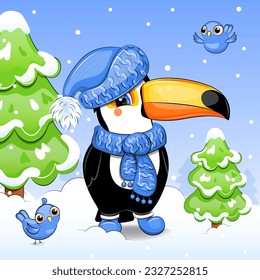 Un toque de dibujos animados en un sombrero y una bufanda en la naturaleza. Ilustración vectorial de invierno con aves azules, abetos verdes, nieve sobre fondo azul.