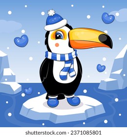 A cute cartoon toucan in a hat and scarf is standing on the ice. Winter vector illustration of animals on a blue background.