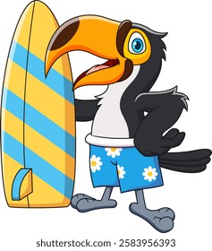 Cute cartoon toucan holding a surfboard, vibrant tropical illustration ideal for summer designs, beachthemed concepts, and vacationrelated projects. 