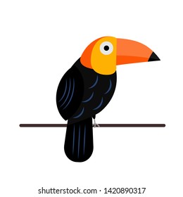 Cute cartoon toucan isolated on white. Exotic or tropical bird. South America fauna. Flat vector illustration. Easy to edit template for your logo design, t-shot, banner, etc.