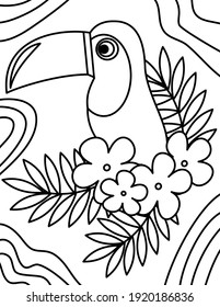 cute cartoon toucan, leaves, branch, and flowers black and white vector illustration for coloring art