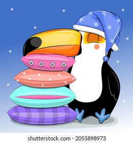 Cute cartoon toucan in a nightcap sleeps on pillows. Night vector illustration of bird on blue background.
