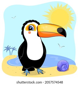 Cute cartoon toucan on the beach. Summer vector illustration with bird, sun, sea, palm trees.