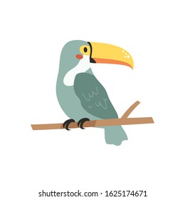 Cute cartoon toucan on white background. Illustratiob of cute toucan character for children designs, summer party invitations, birthday party and posters. Vector illustration of toucan bird