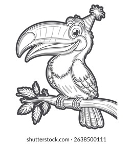 Cute Cartoon Toucan Outline Smiling Bird vector Line Art for Coloring Book