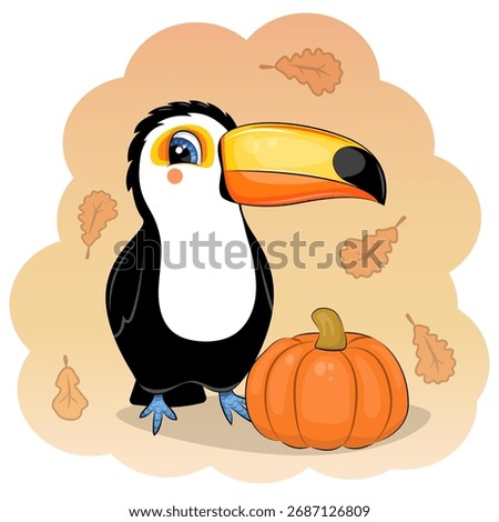 A cute cartoon Toucan with pumpkin. Vector illustration of animal with vegetable and orange background with autumn leaves.
