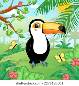 Cute cartoon toucan in the rainforest. Vector illustration of a bird in nature with trees, butterflies and flowers.