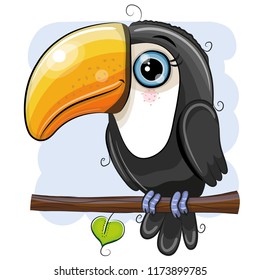 Cute Cartoon Toucan is sitting on a branch