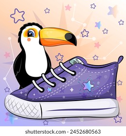 A cute cartoon toucan with a sneaker. Vector illustration of an animal on a colorful background with stars.