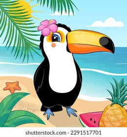 A cute cartoon toucan with a tropical flower and fruits stands on the beach. Summer vector illustration of bird in nature with sun, palm tree, sand, sun and starfish.