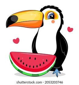 Cute cartoon toucan with watermelon. Summer vector illustration on white background with two hearts.