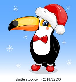 A cute cartoon toucan wears a Santa Claus hat, bow tie and shoes. Vector illustration of a bird on a blue background with snowflakes.