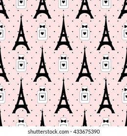 Cute cartoon tour Eiffel with perfume bottle vector illustration on pink polka dot background. Paris symbols seamless pattern. Romantic travel in Paris. Design for textile, fabric and decor.