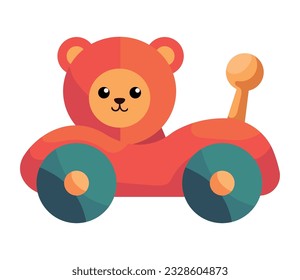Cute cartoon toy animal driving a small car with wheels icon isolated
