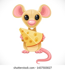 Cute cartoon toy beige rat hold piece of cheese isolated on white background