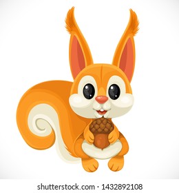 Cute cartoon toy fluffy squirrel with tassels on ears and acorn in paws isolated on white background