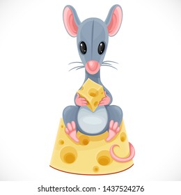 Cute cartoon toy gray rat hold piece of cheese and sits on a large piece of cheese isolated on white background