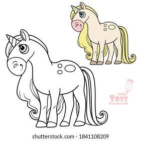 Cute cartoon toy magic unicorn outlined and color for coloring book