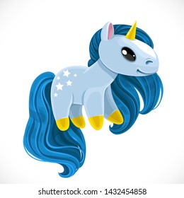Cute cartoon toy magical unicorn with blue mane and stars on the rump isolated on white background