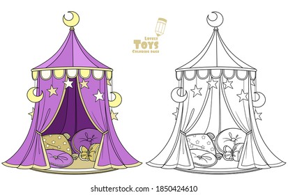 Cute cartoon toy tent marquee with rug and pillows for little princesses and princes outlined and color for coloring book