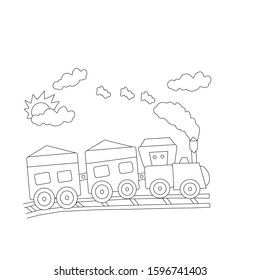 cute cartoon train coloring book for kids. black and white vector illustration for coloring book. train concept hand drawn illustration
