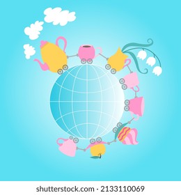 Cute cartoon train in the form of teapot and train of tea and coffee cups, saucer with cake, plates with apple, vase of flowers circles the globe isolated on sunny blue background in vector.