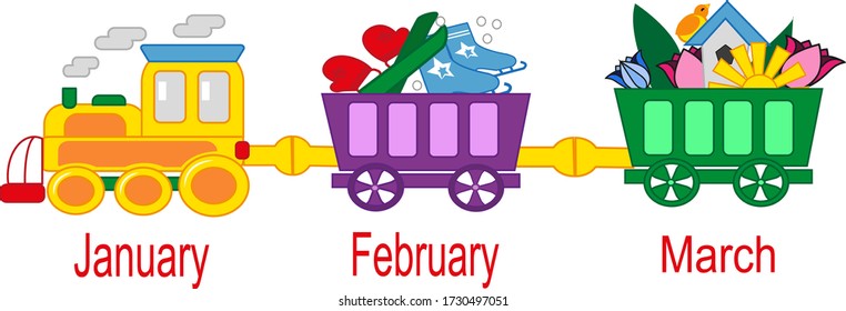 Cute cartoon train with months as baggage. Vector illustration