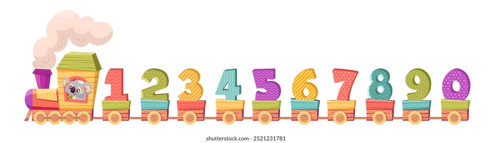 Cute cartoon train toy with numbers from 1 to 0 isolated on white background. Education math content for children in kindergarten. Vector illustration.