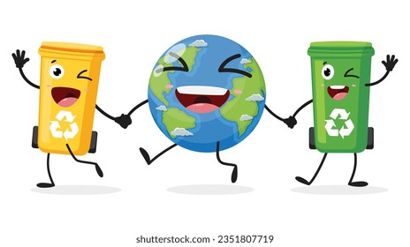Basura de caricatura y planeta Tierra, aislados en fondo blanco