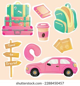 Cute cartoon travel sticker set with pink car, three suitcases, pink cup of coffee, pink book, two orange passports, pink head pillow, green and yellow backpack and time to travel wood sign