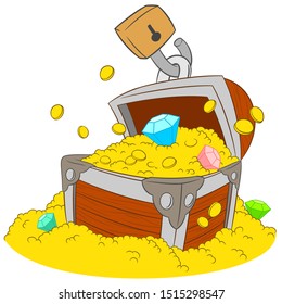 Cute cartoon treasure chest, diamonds and gold on sand with lock