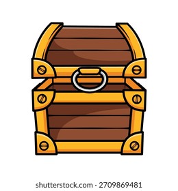 Cute cartoon treasure chest vector with bold outlines and clean colors. Wooden chest with golden accents, ideal for game assets, icons, fantasy themes, and pirate elements