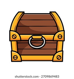 Cute cartoon treasure chest vector with bold outlines and clean colors. Wooden chest with golden accents, ideal for game assets, icons, fantasy themes, and pirate elements