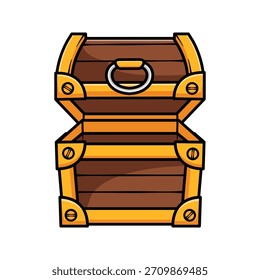Cute cartoon treasure chest vector with bold outlines and clean colors. Wooden chest with golden accents, ideal for game assets, icons, fantasy themes, and pirate elements