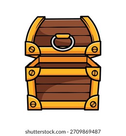 Cute cartoon treasure chest vector with bold outlines and clean colors. Wooden chest with golden accents, ideal for game assets, icons, fantasy themes, and pirate elements