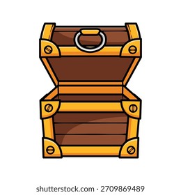 Cute cartoon treasure chest vector with bold outlines and clean colors. Wooden chest with golden accents, ideal for game assets, icons, fantasy themes, and pirate elements