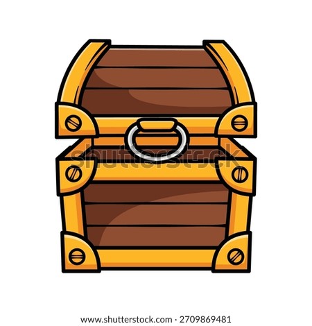 Cute cartoon treasure chest vector with bold outlines and clean colors. Wooden chest with golden accents, ideal for game assets, icons, fantasy themes, and pirate elements