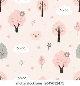 Lindo árbol de dibujos animados en el bosque sin patrón. Nube y árbol de carácter rosado lindo. Ilustración vectorial. Para la impresión, Fondo de pantalla, scrapbook, tela, ropa, moda, envoltura