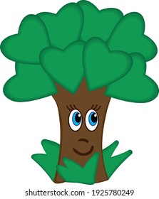 Cute cartoon tree with hearts instead of leaves. Vector postcard. The image is isolated on a transparent background.