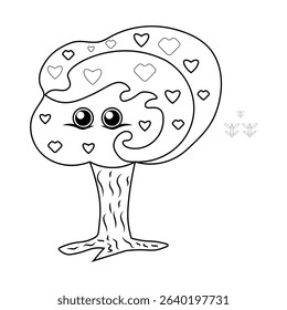 A cute cartoon tree with heart-shaped leaves and a smiling face, perfect for coloring books or children's illustrations.