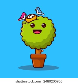 cute cartoon tree in pot with couple birds vector illustration design