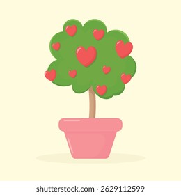 Lindo árbol de dibujos animados en olla con muchos corazones rojos.