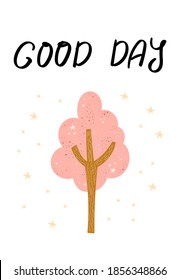 Huella de árbol de dibujos animados. Tarjeta de buen día