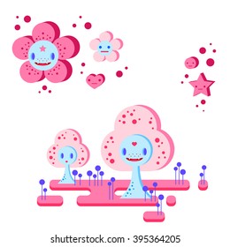 Cute cartoon trees, flowers and small characters isolated on white background. Pink, light pink, blue, light blue, sky blue, vinous.
